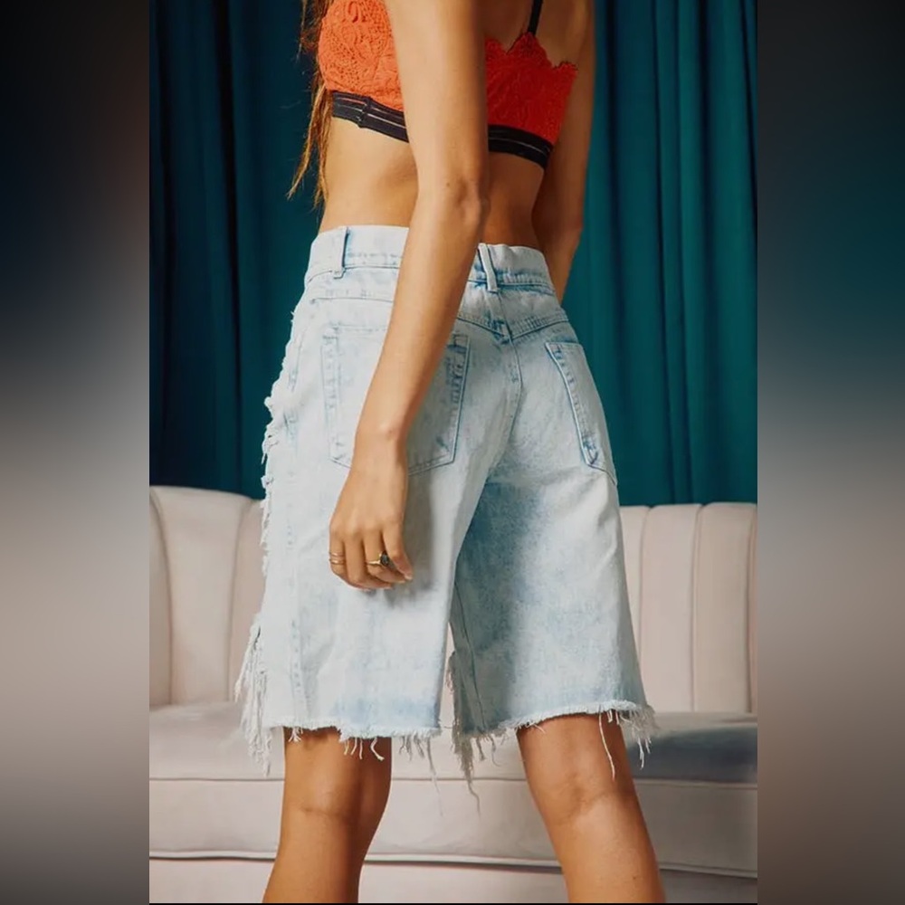 BUCKETLIST Light Blue Distressed High-Rise Denim Shorts - Picture 4 of 4